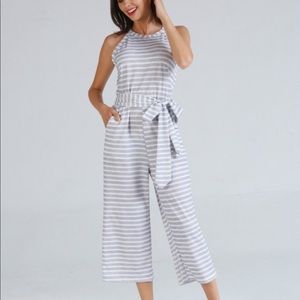 Gray & White Stripe Jumpsuit w/belted Detail